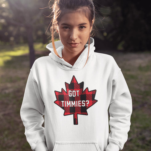 For all the die-hard Timmies fans out there, the Got Timmies? Hoodie is here! Featuring bold red & black plaid lettering, this hoodie proudly asks the only question that really matters.